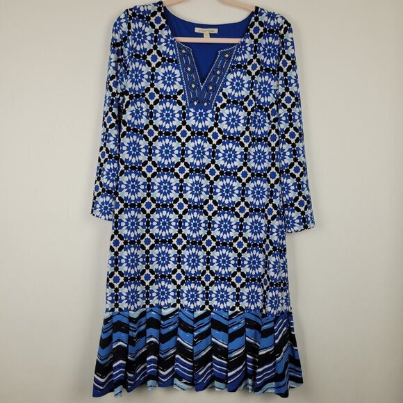 Stitch Fix 41 Hawthorn Mora Blue Stretch Knit Print Beaded Neck Dress L - Picture 1 of 9